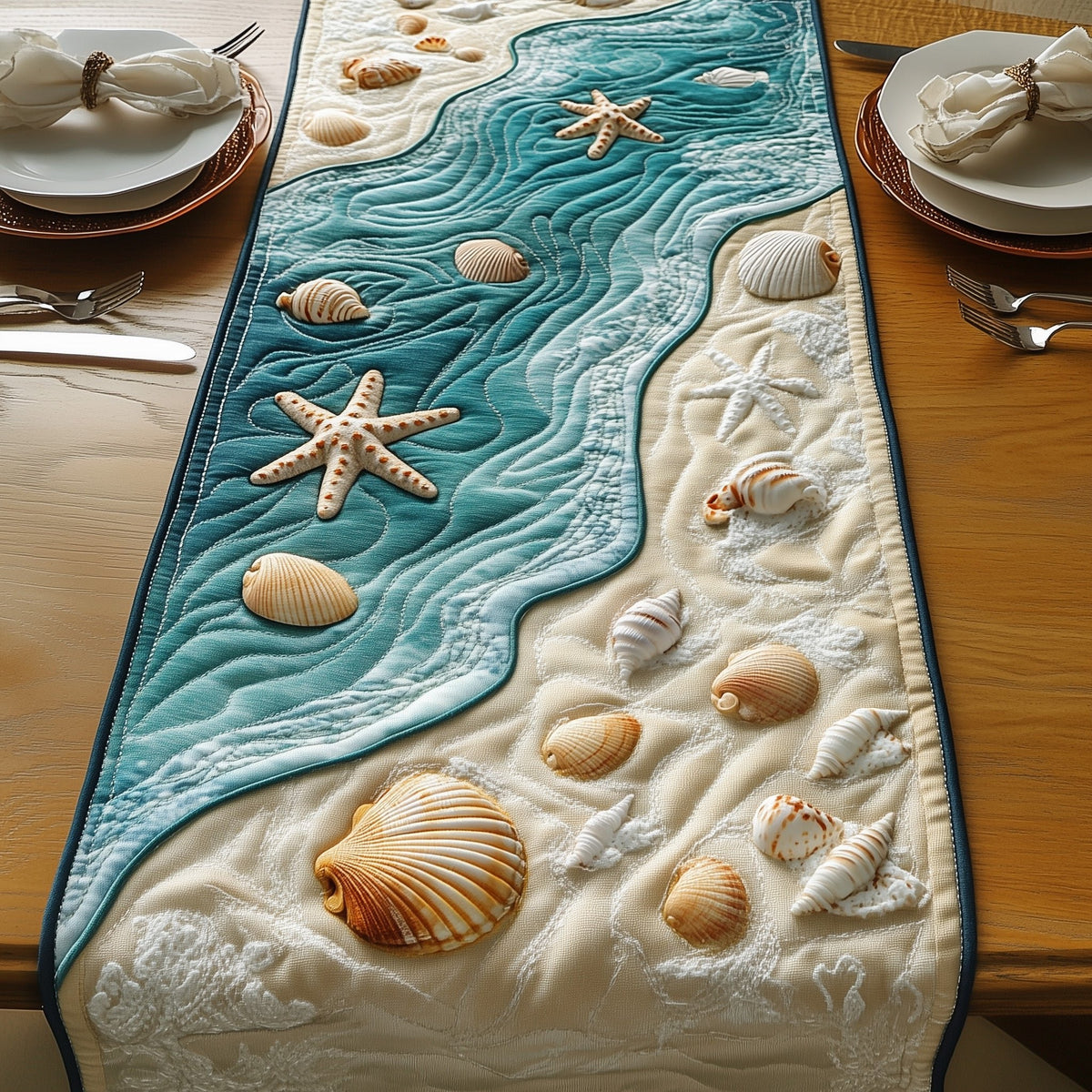 Starfish and Shells on Sandy Curve Table Runner