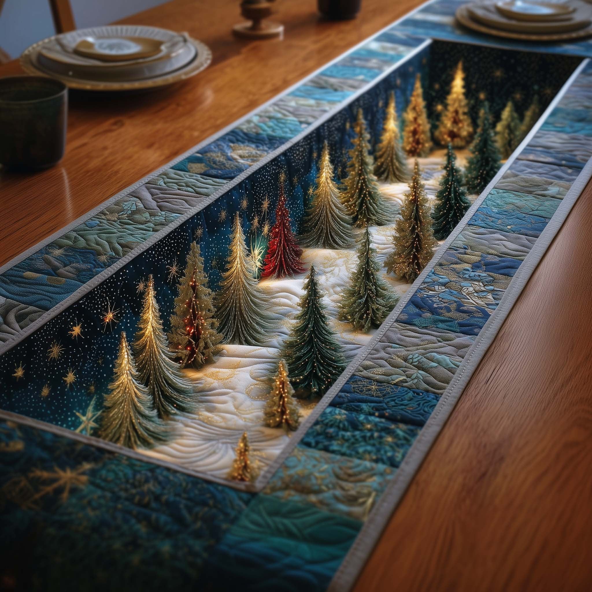 Winter Pines in Blue Snow Table Runner