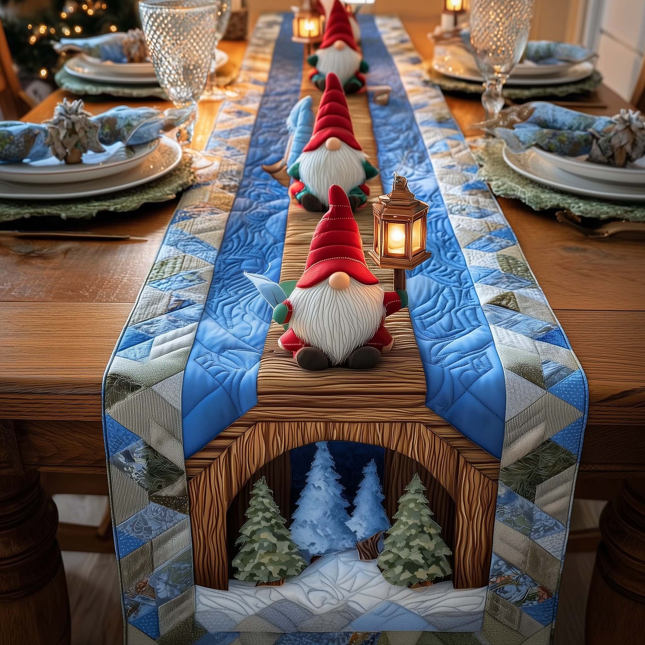 Gnome with a Lantern on Blue Table Runner