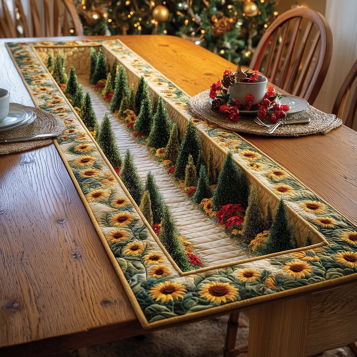 Sunflowers with Pine Tree Border Table Runner