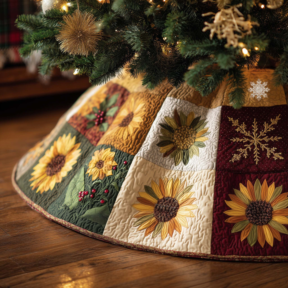 Sunflowers on Cream and Green Panels Christmas Tree Skirt