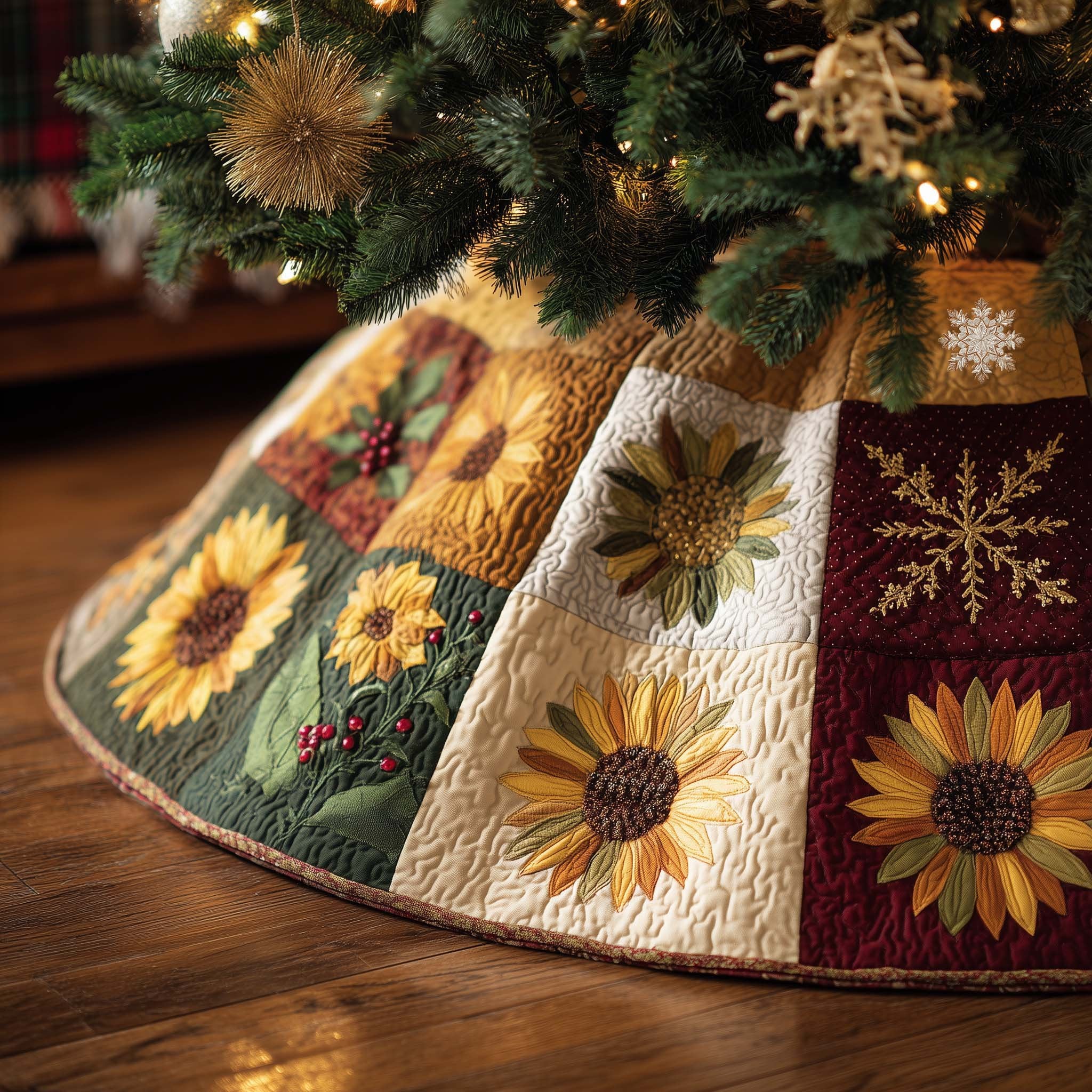 Sunflowers on Cream and Green Panels Christmas Tree Skirt