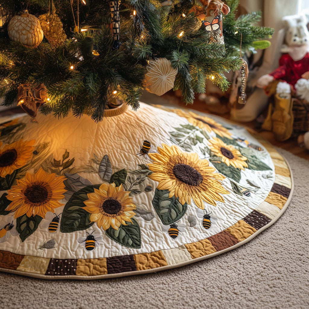 Sunflowers on White with Patch Border Christmas Tree Skirt