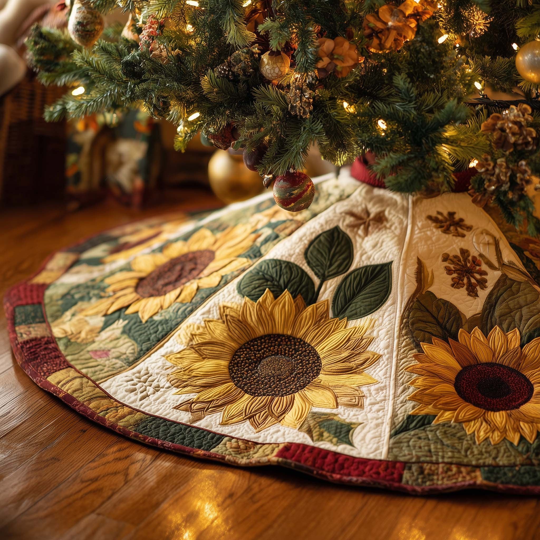 Sunflowers on Cream with Snowflakes Christmas Tree Skirt
