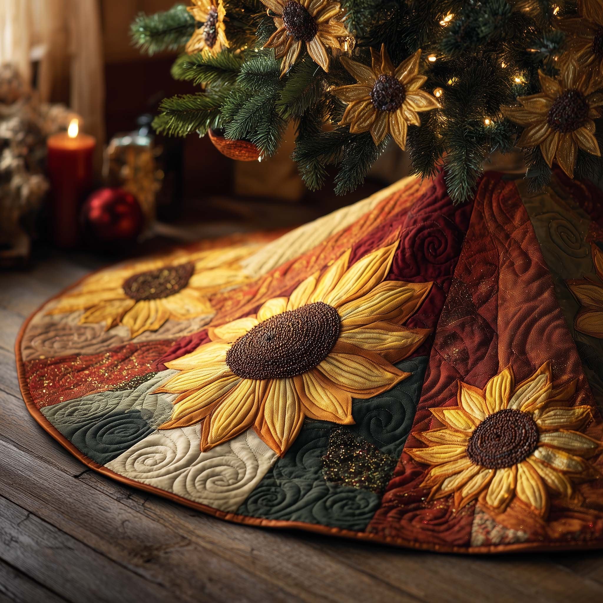 Sunflowers on Rust and Green Christmas Tree Skirt