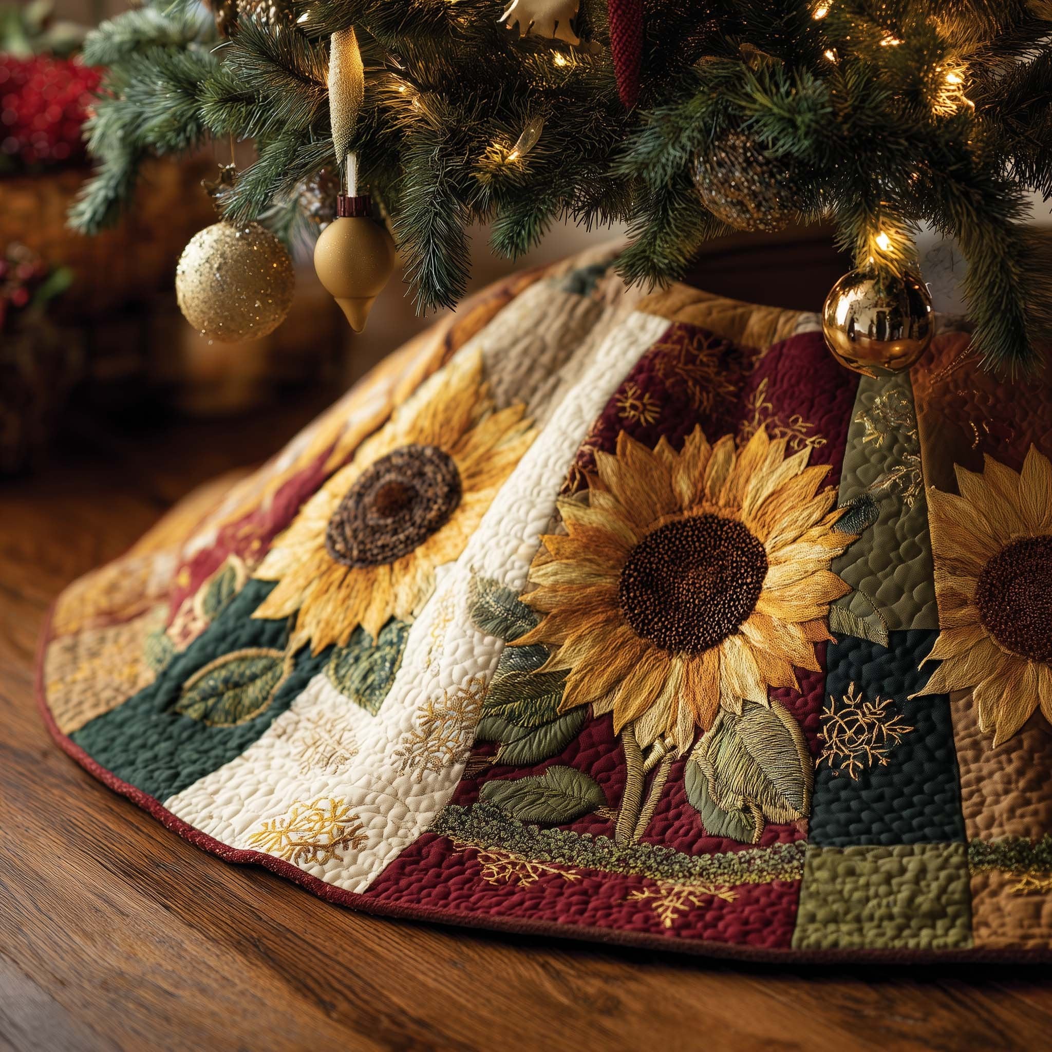 Sunflowers on Wedges with Red Rim Christmas Tree Skirt
