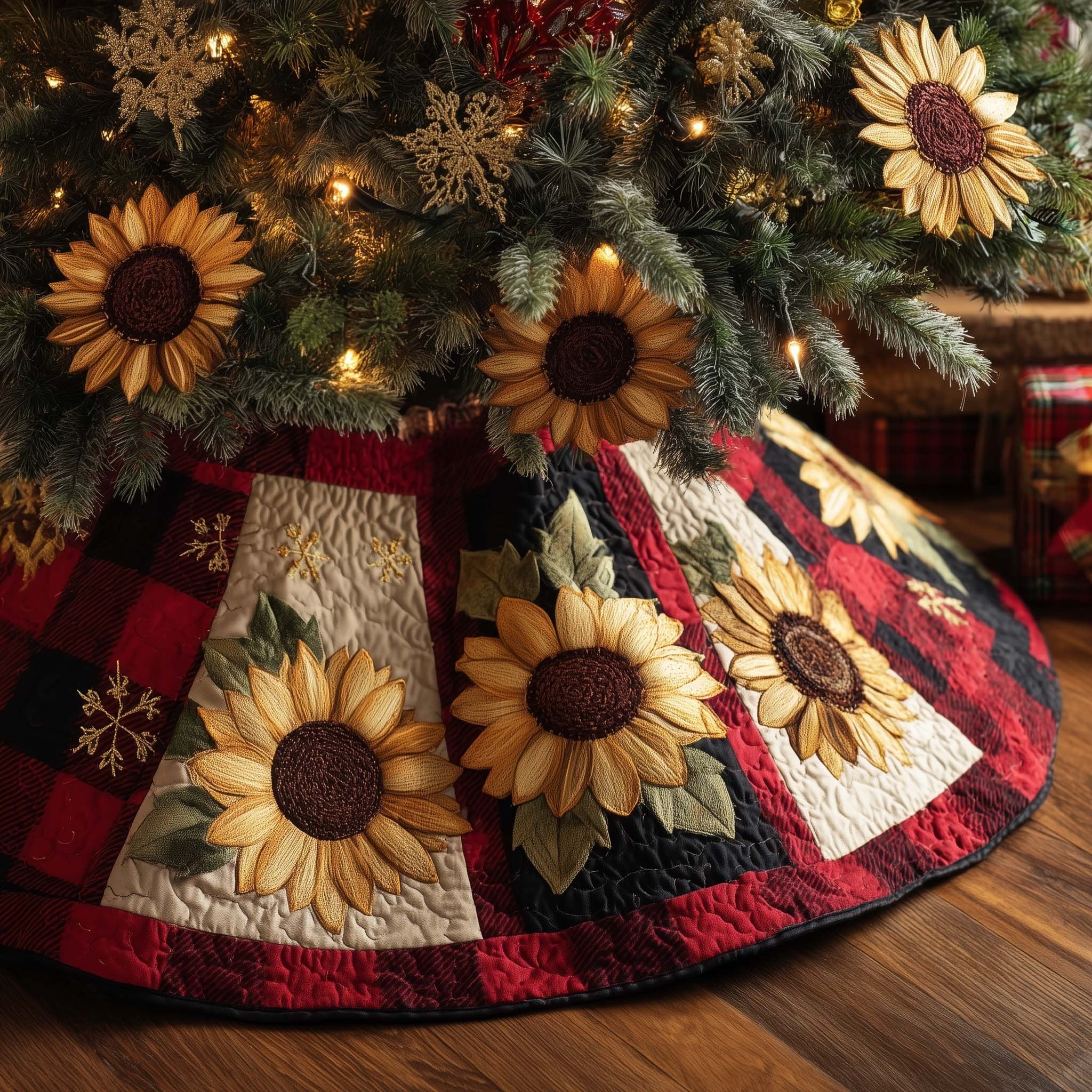 Sunflowers on Red and Cream Panels Christmas Tree Skirt