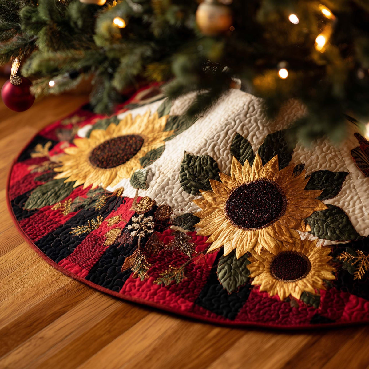 Sunflowers and Pinecones on Red Plaid Christmas Tree Skirt