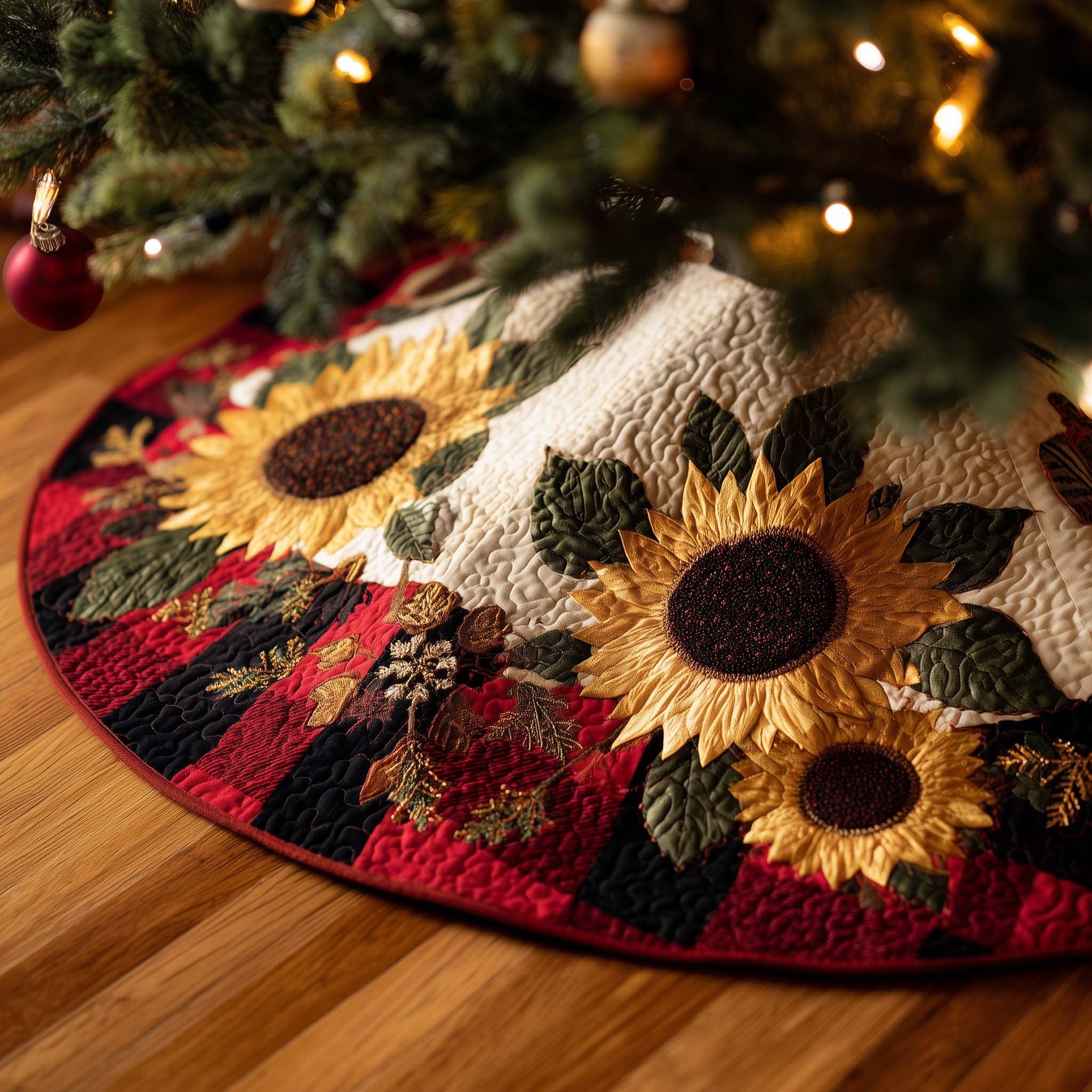 Sunflowers and Pinecones on Red Plaid Christmas Tree Skirt