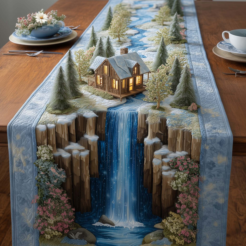 Waterfall Beside a Wooden Cabin Table Runner