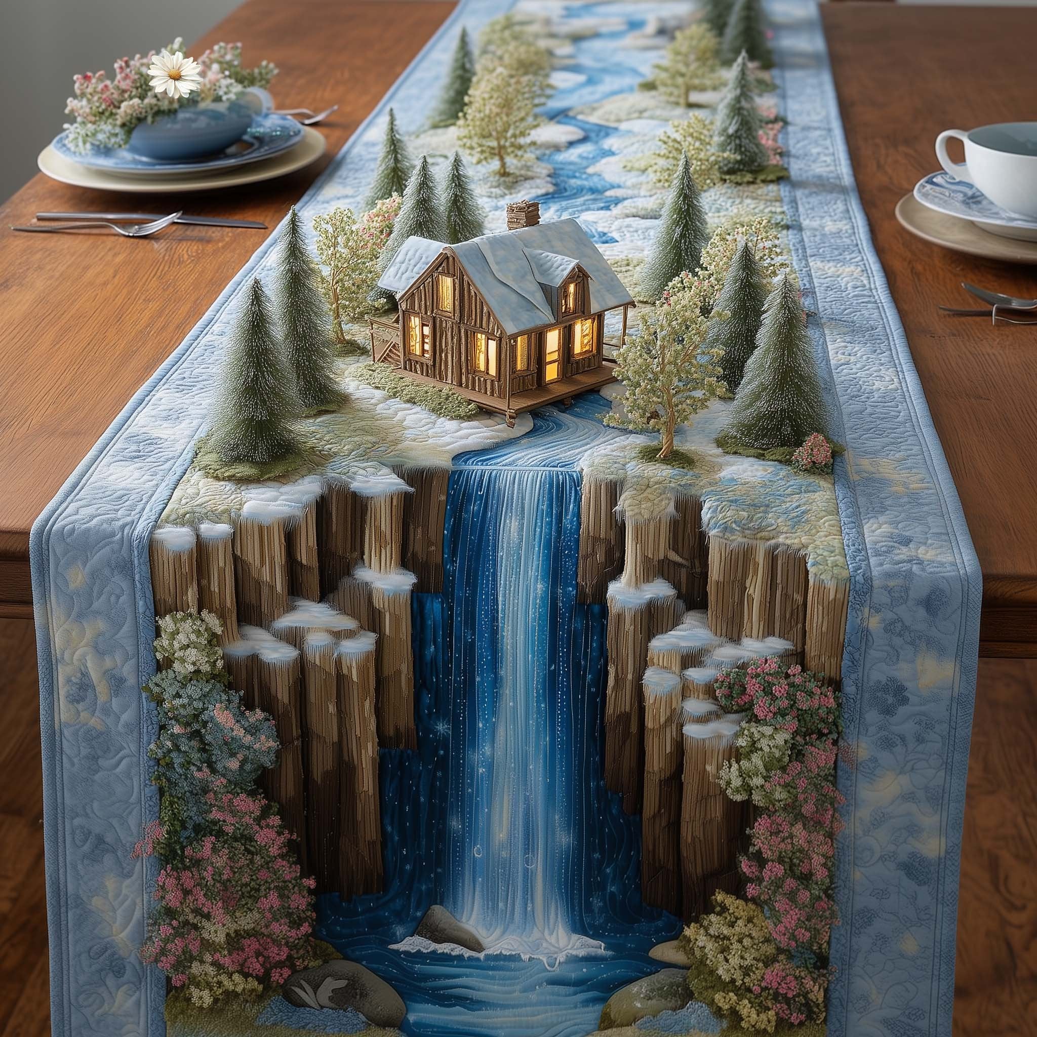 Waterfall Beside a Wooden Cabin Table Runner