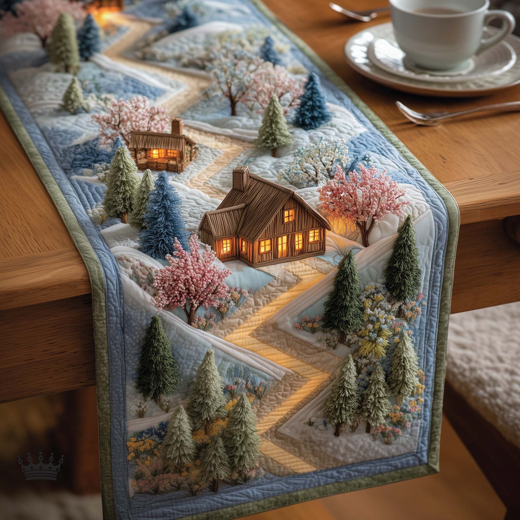 Cabin with Blossom Lined Path Table Runner