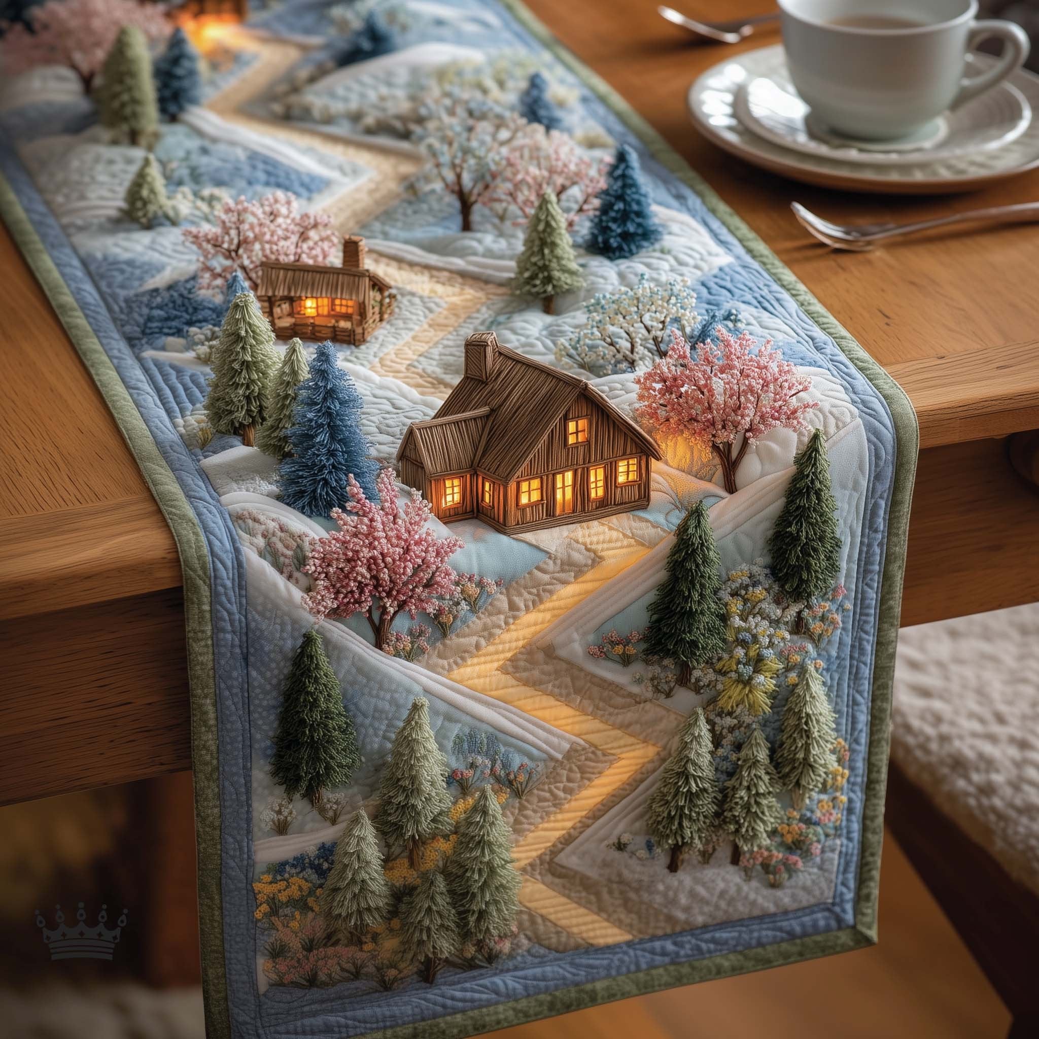 Cabin with Blossom Lined Path Table Runner