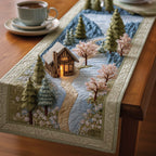 Cabin Among Blossoming Trees Table Runner