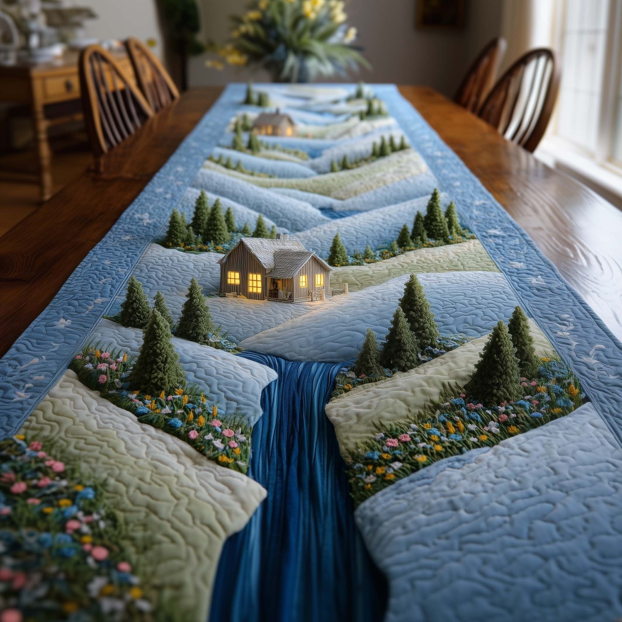Blue Waterfall Below a Cottage Table Runner