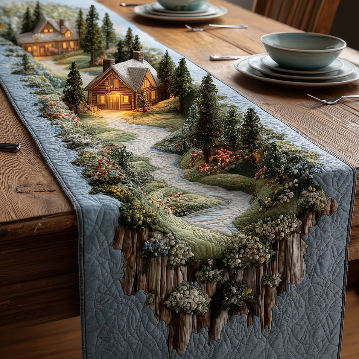 Cottage with Winding Garden Path Table Runner