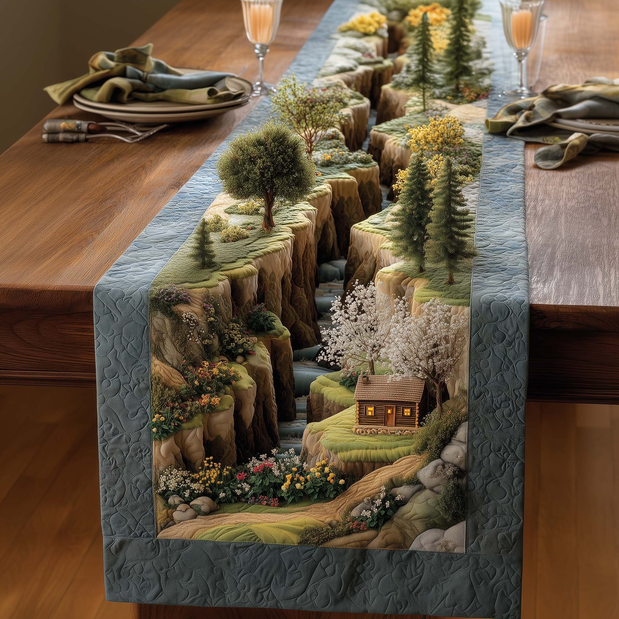 Cabin on Cliff Above Waterfall Table Runner