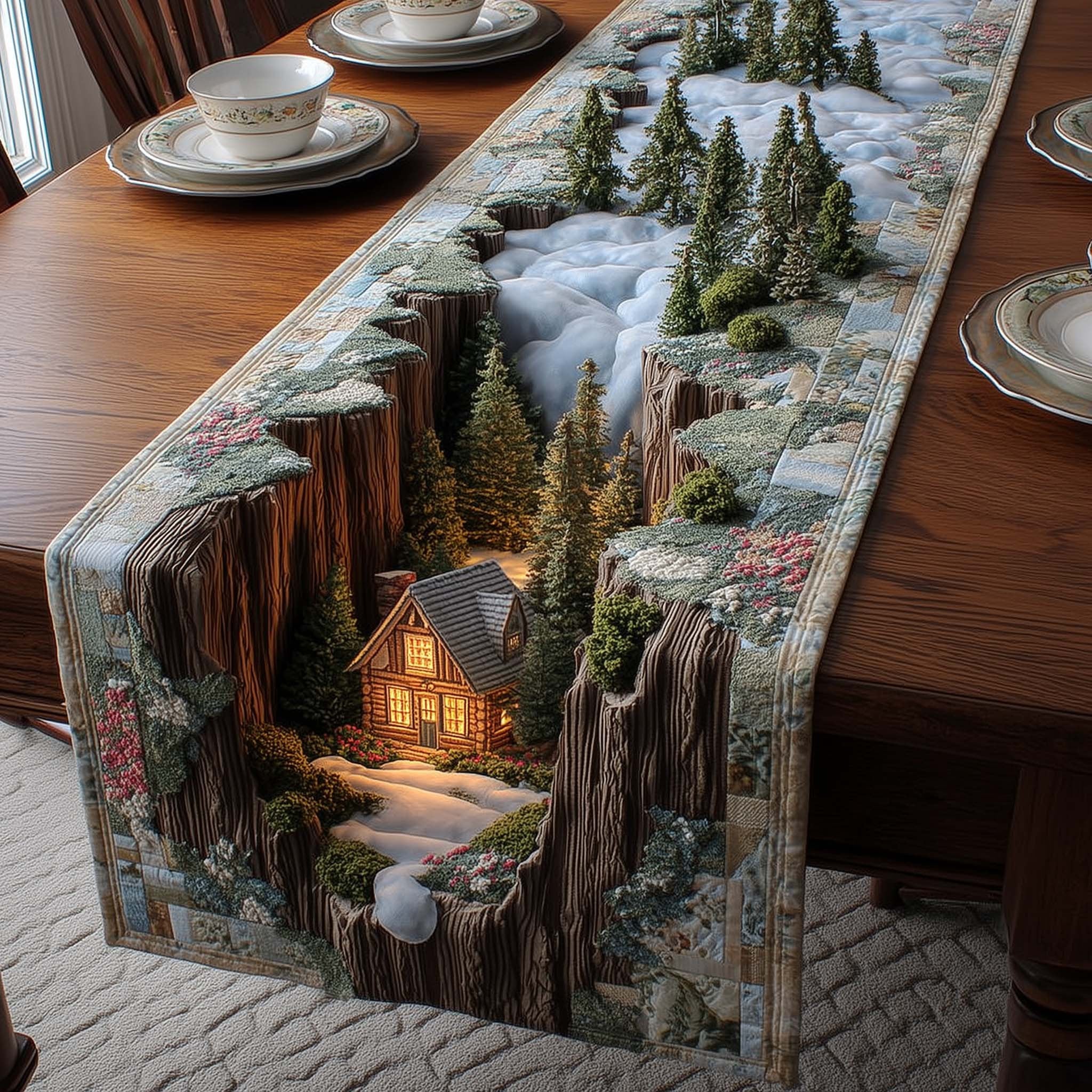 Cabin in a Snowy Ravine Table Runner