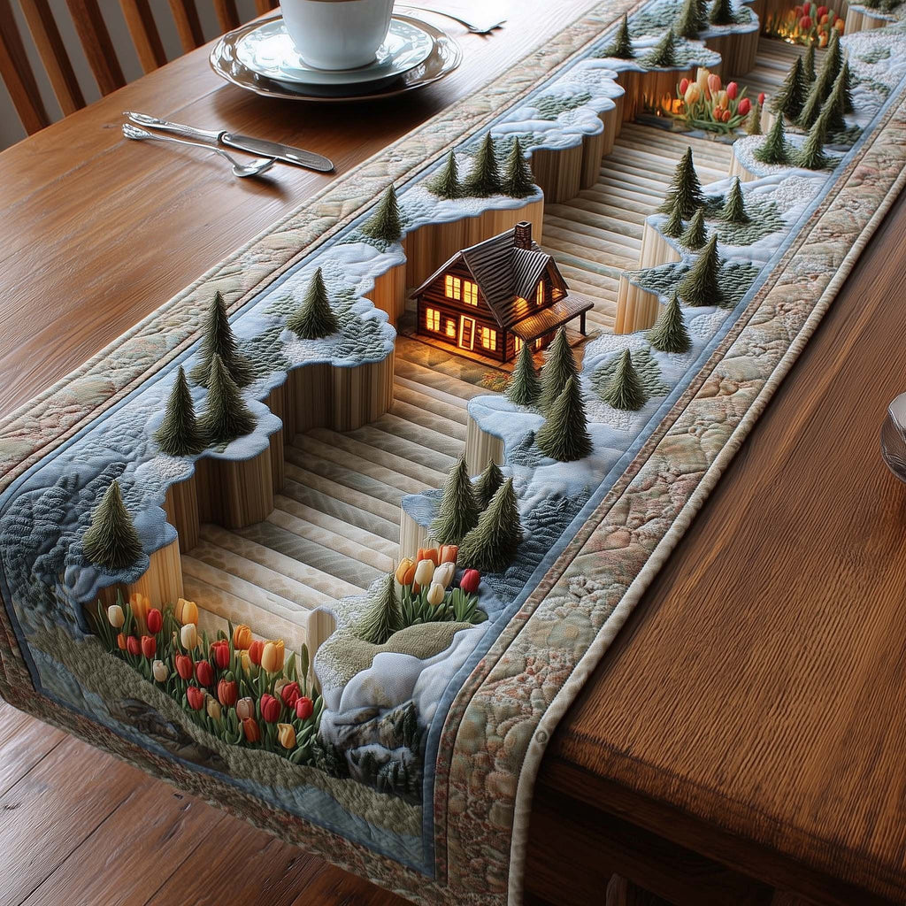 Cabin on Snowy Hill with Pines Table Runner