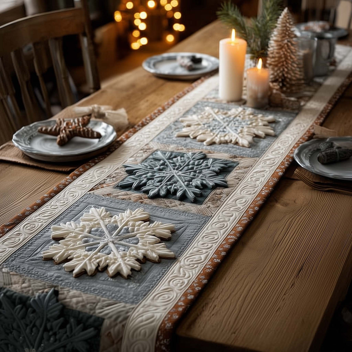 Grey and White Snowflake Blocks Table Runner
