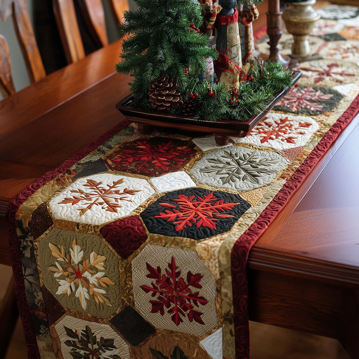 Red and White Snowflake Hexagons Table Runner