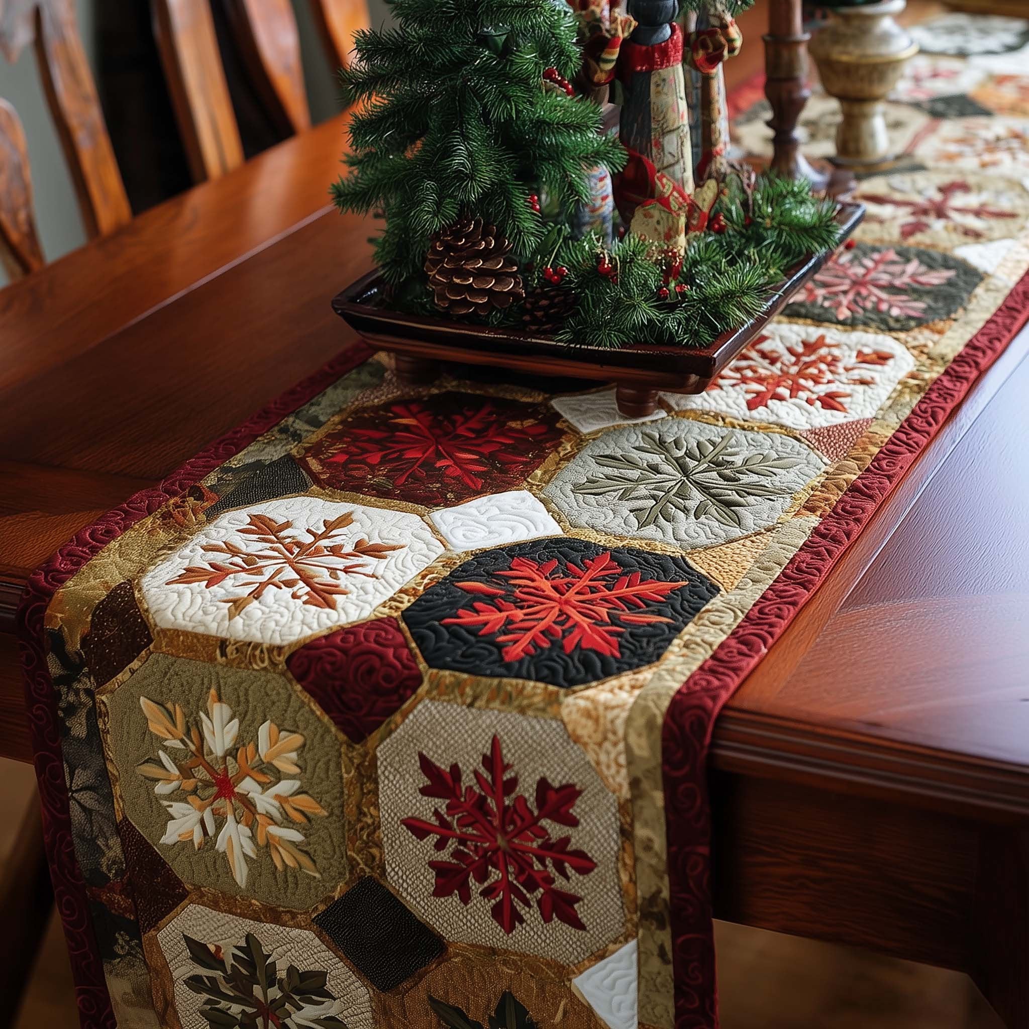 Red and White Snowflake Hexagons Table Runner