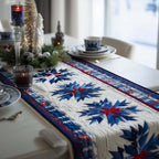 Blue Star Snowflakes on White Table Runner