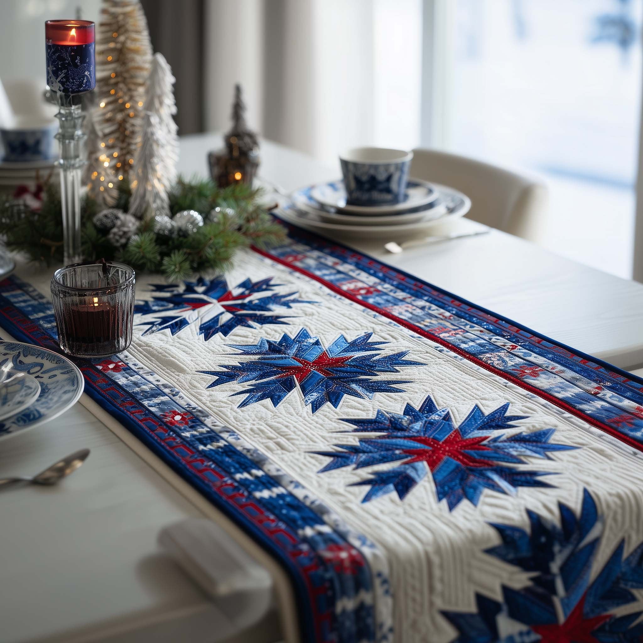 Blue Star Snowflakes on White Table Runner
