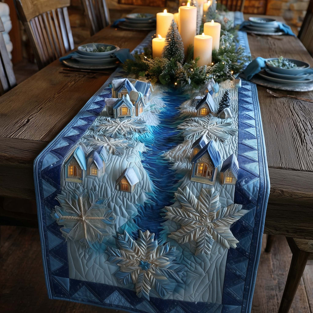 Blue Village with Falling Snowflakes Table Runner