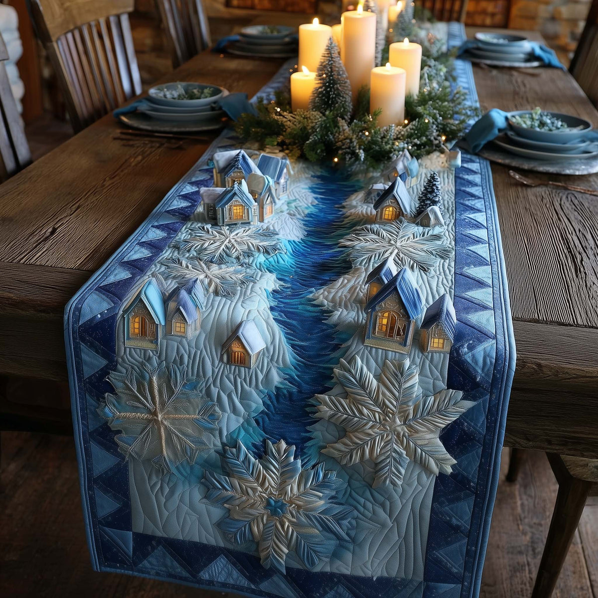 Blue Village with Falling Snowflakes Table Runner