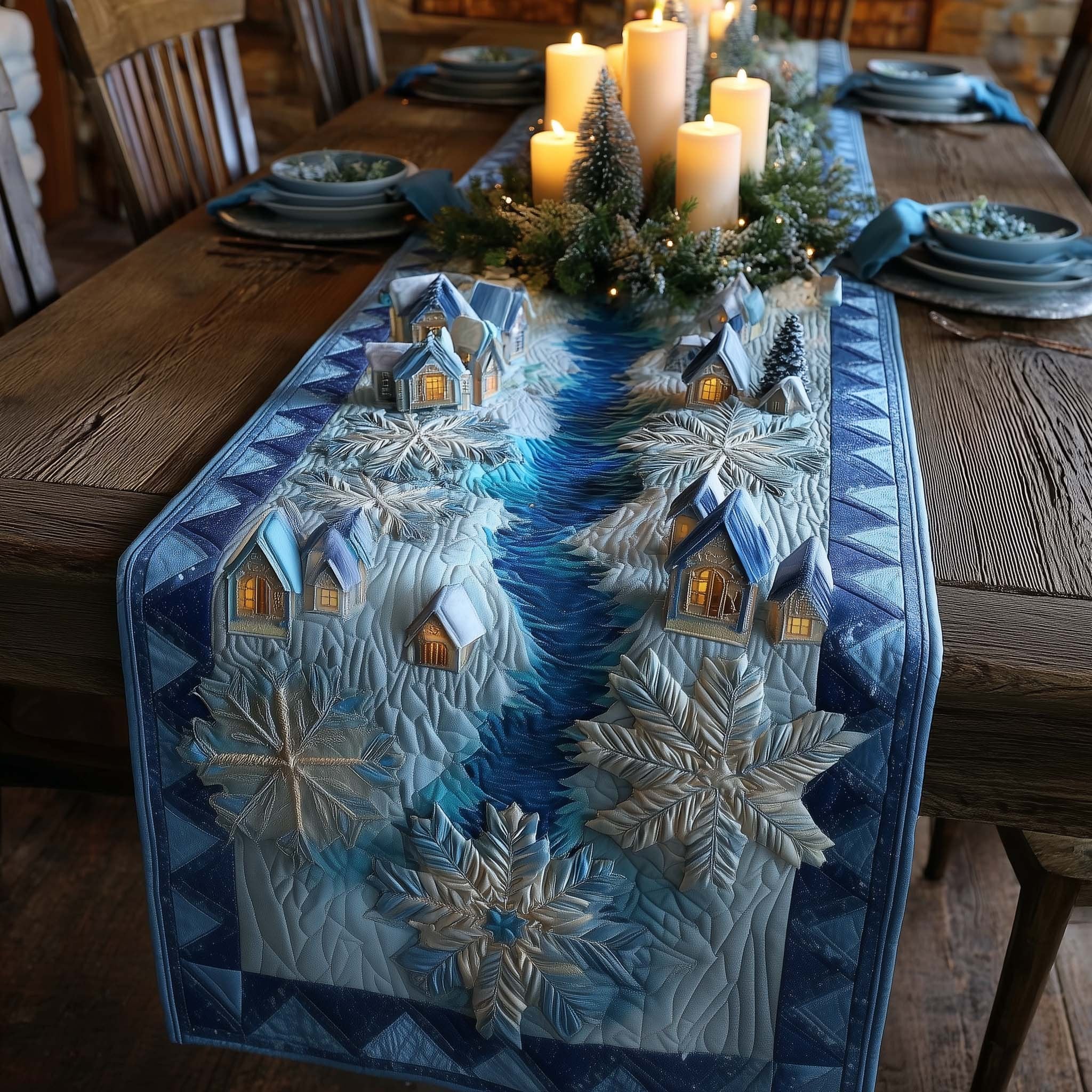 Blue Village with Falling Snowflakes Table Runner