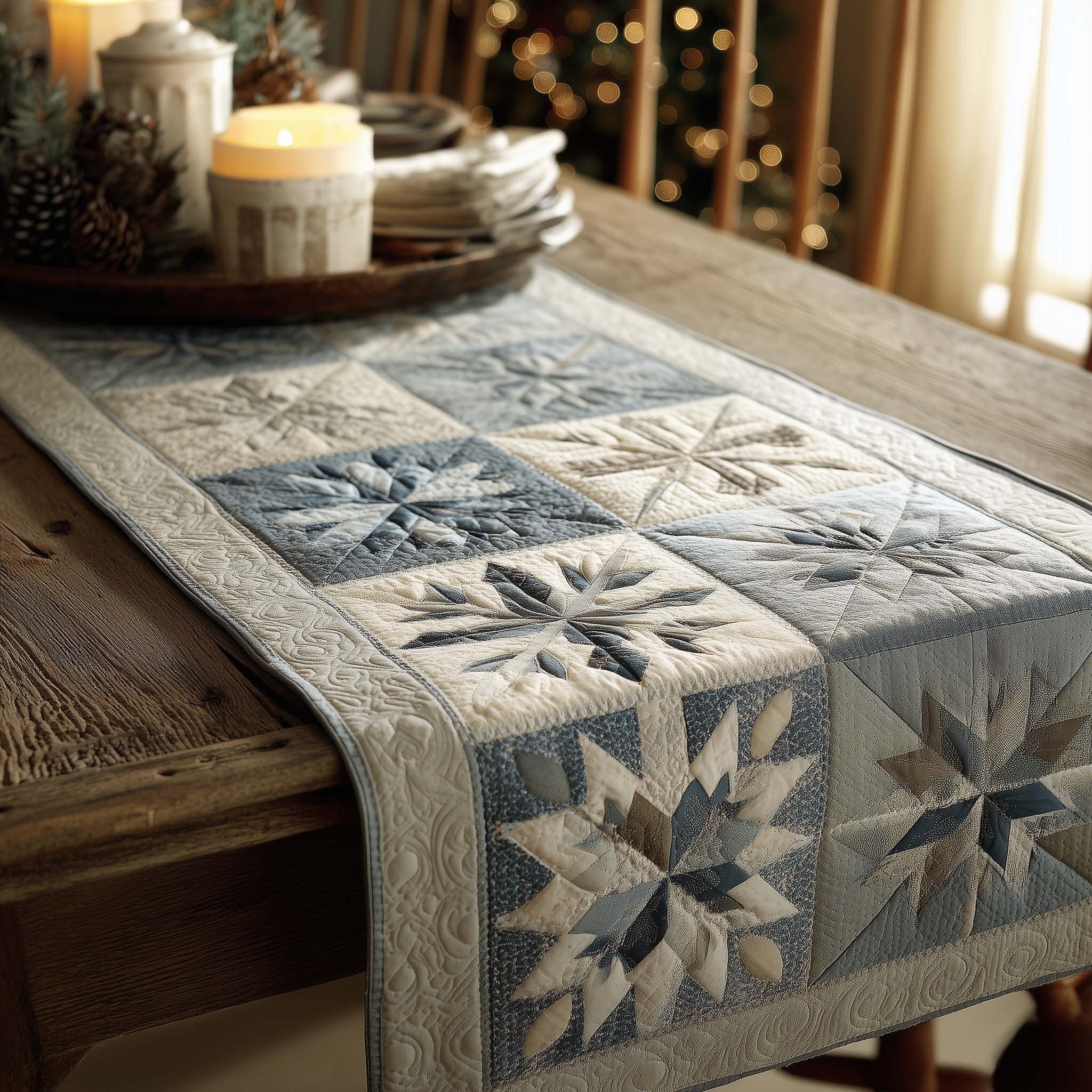 Grey Star Quilt Blocks Table Runner