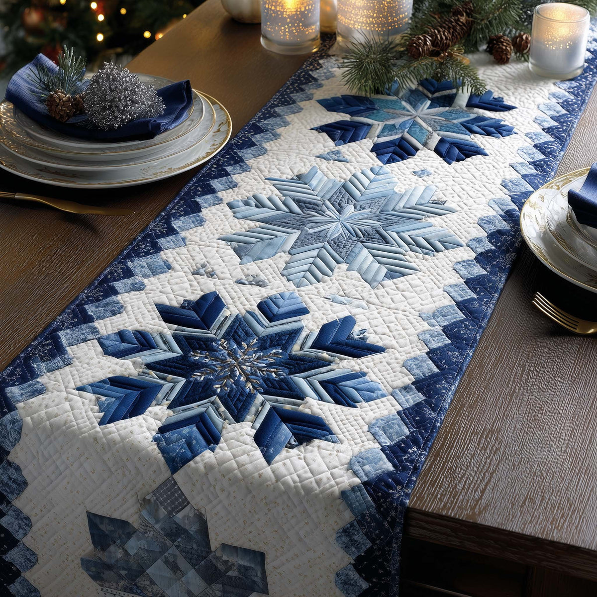 Blue Snowflake Star on White Table Runner