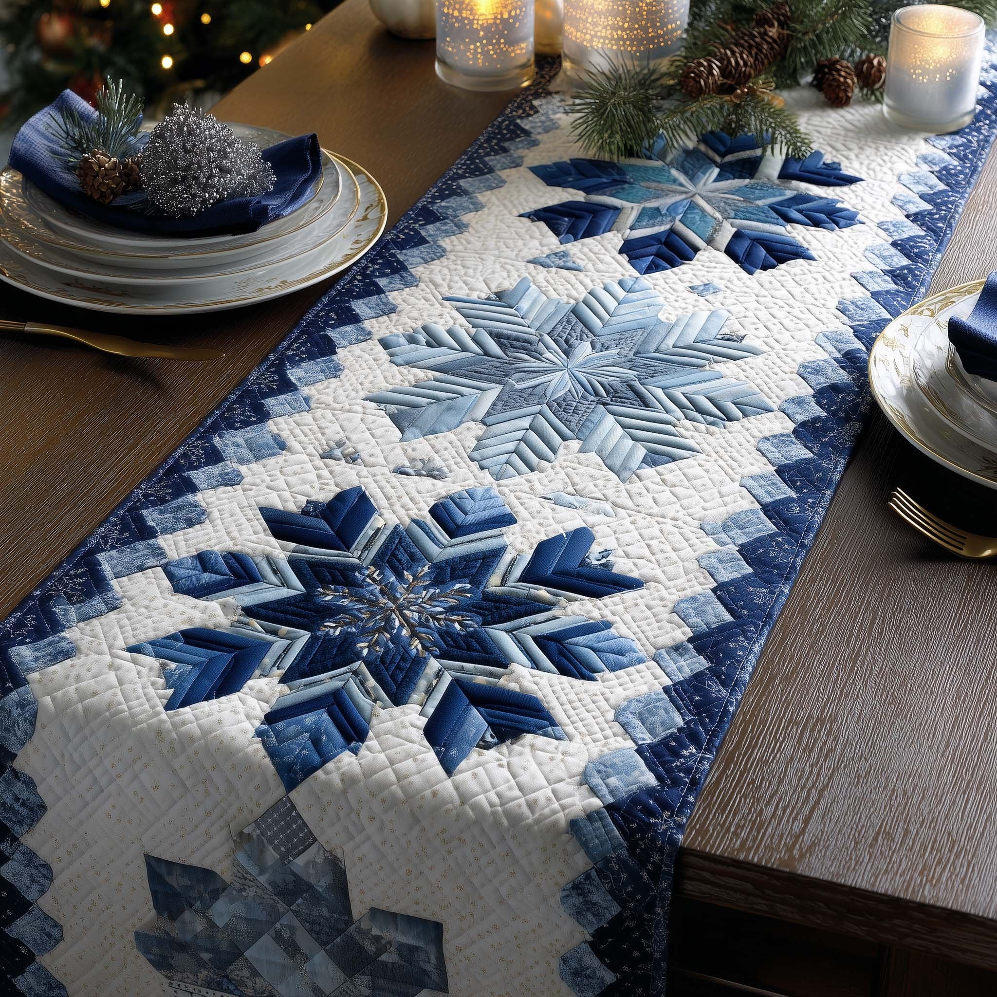 Blue Snowflake Star on White Table Runner