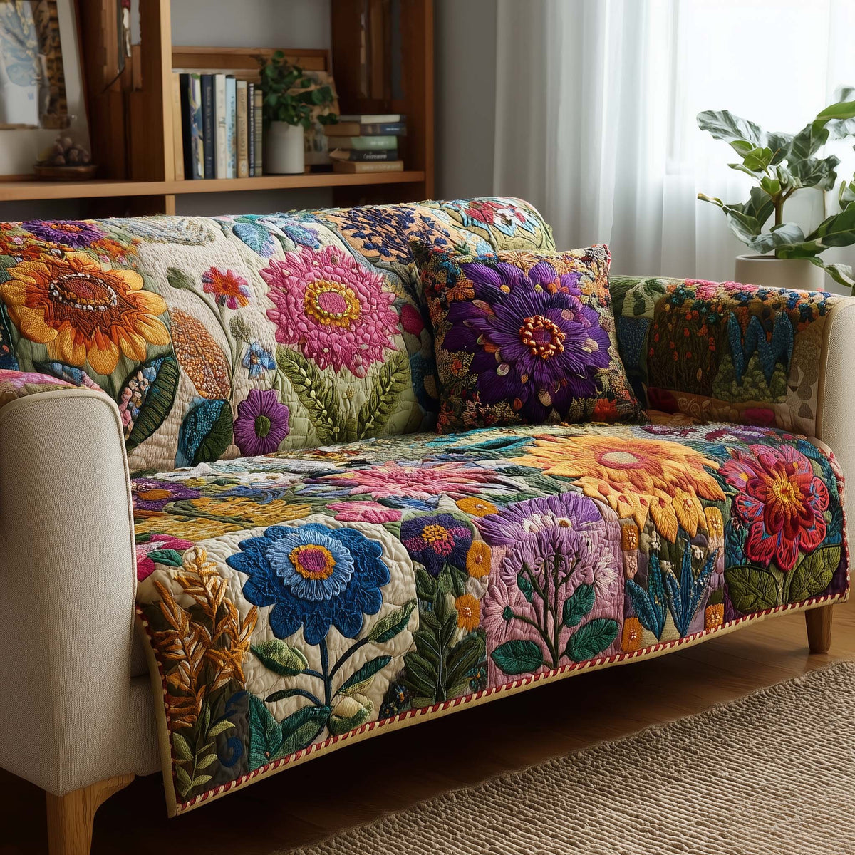 Bright Folk Blooms in Patchwork Squares Sofa Cover