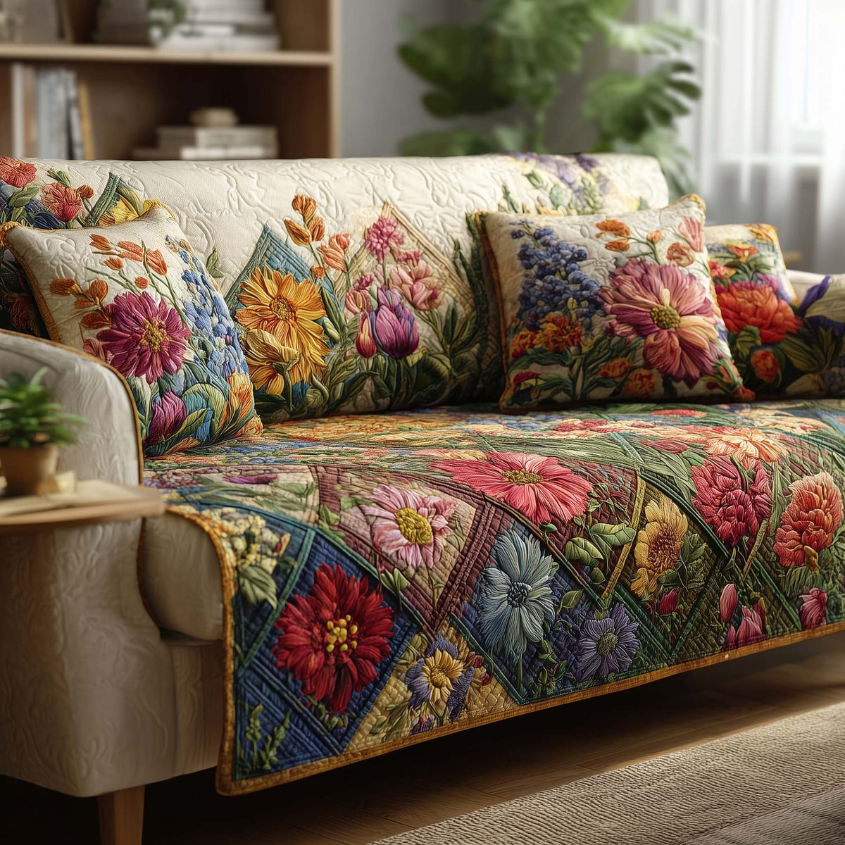 Mixed Blossoms in Diamond Patchwork Sofa Cover