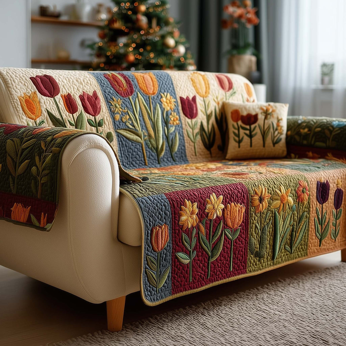 Pastel Tulip and Daffodil Panels Sofa Cover