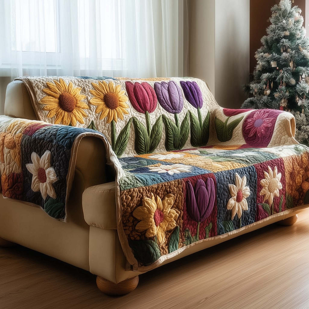 Sunflowers and Purple Tulips Quilt Sofa Cover