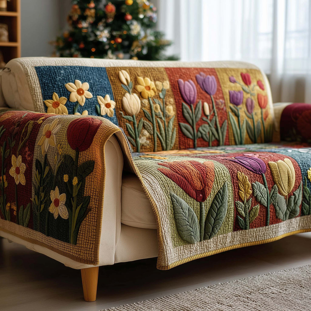 Spring Blooms on a Golden Border Sofa Cover