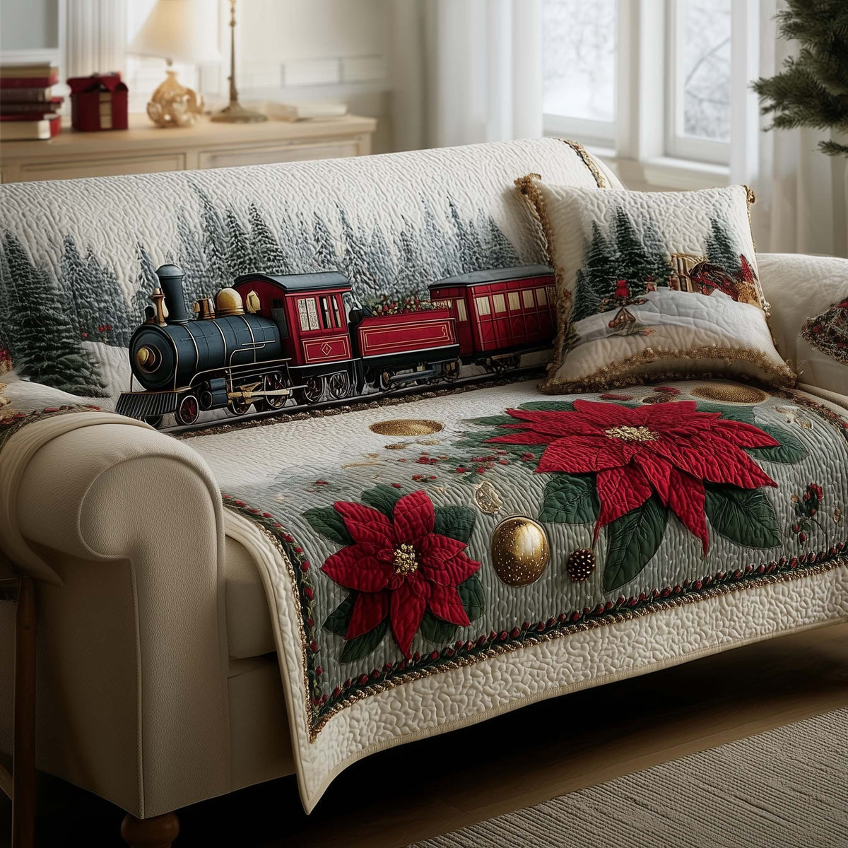 Red Steam Engine Above the Poinsettia Sofa Cover