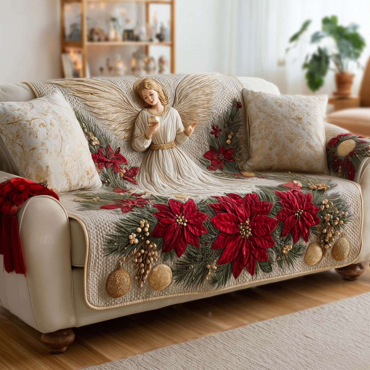 Angel Above the Poinsettia Garland Sofa Cover