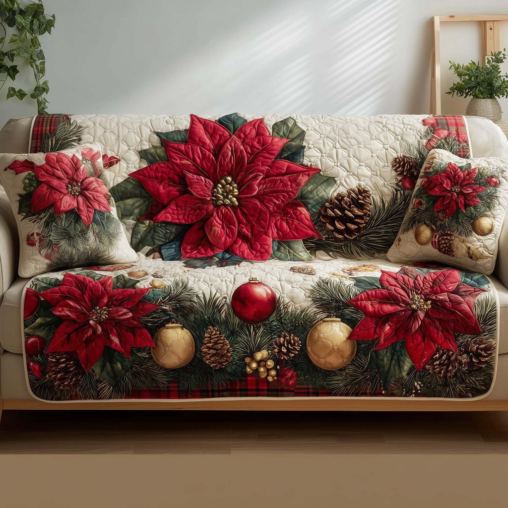 Poinsettias with Pinecones and Gold Baubles Sofa Cover