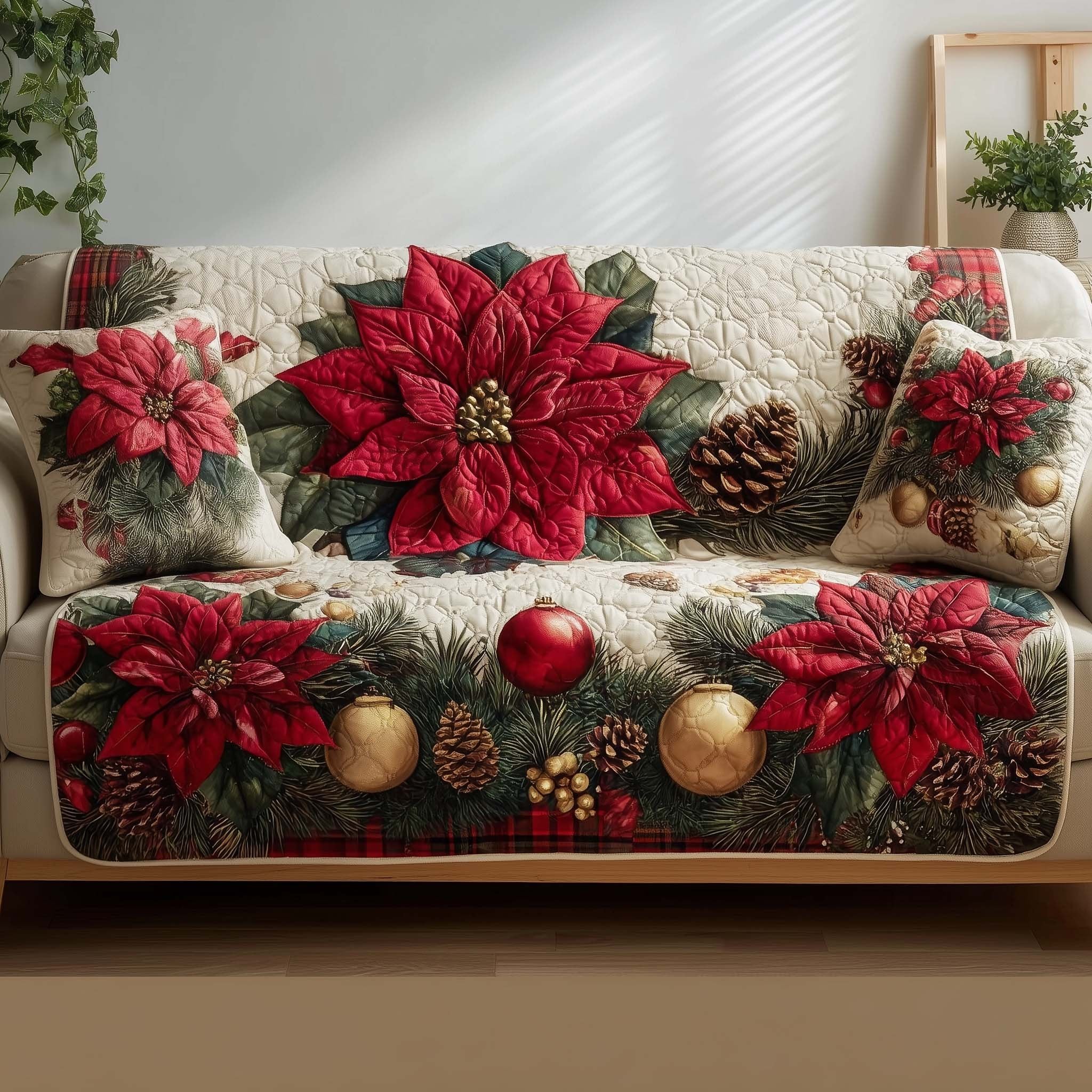 Poinsettias with Pinecones and Gold Baubles Sofa Cover
