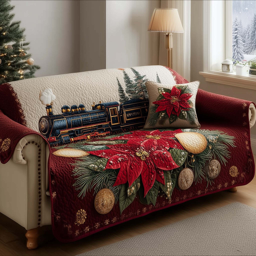 Black Locomotive on Crimson Poinsettias Sofa Cover
