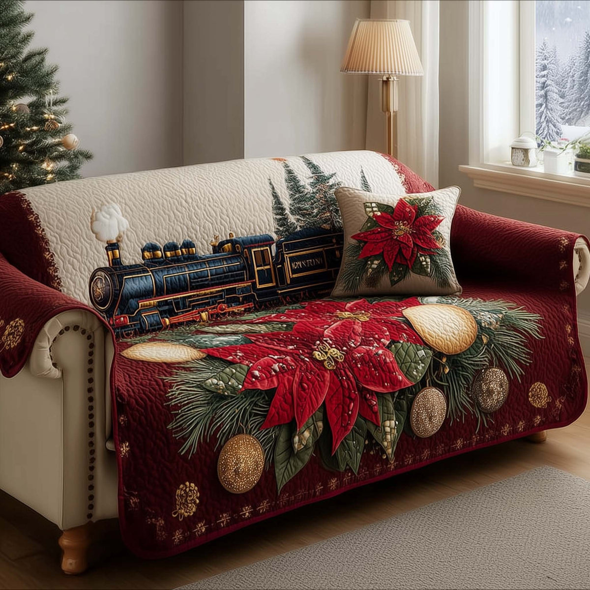 Black Locomotive on Crimson Poinsettias Sofa Cover