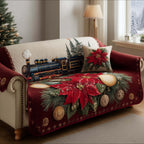 Black Locomotive on Crimson Poinsettias Sofa Cover
