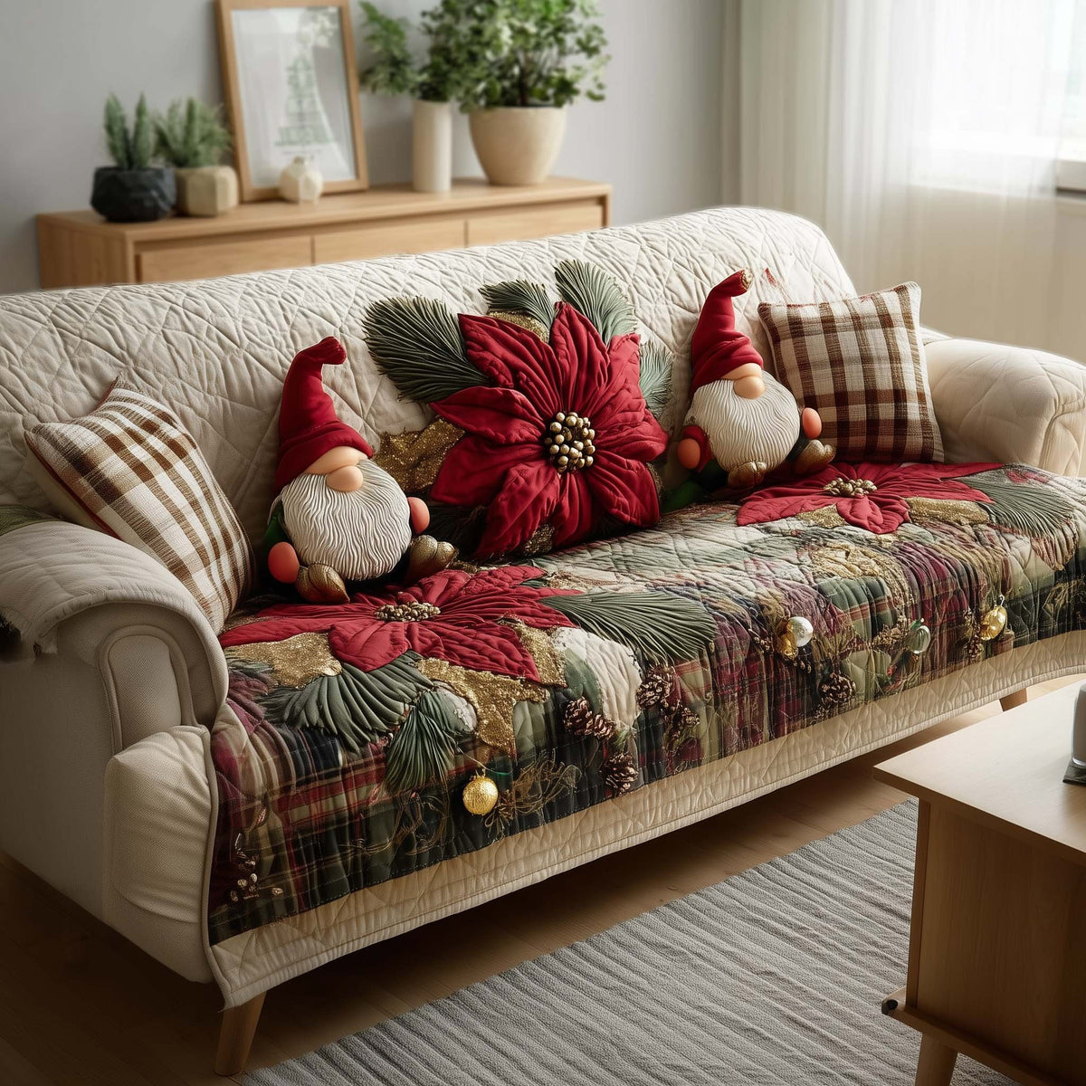 Gnomes Among the Red Poinsettias Sofa Cover