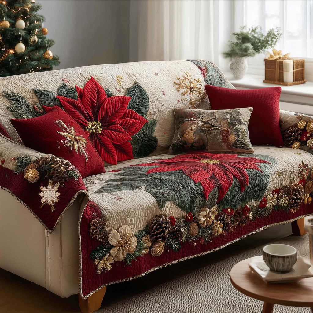 Poinsettia on Green with Crimson Trim Sofa Cover
