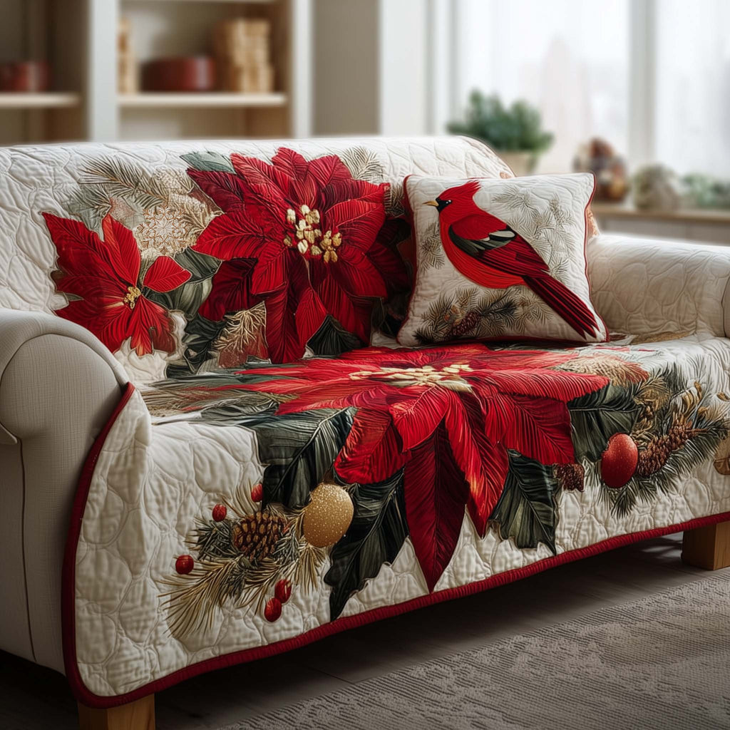 Cardinal Perched on the Poinsettia Bough Sofa Cover