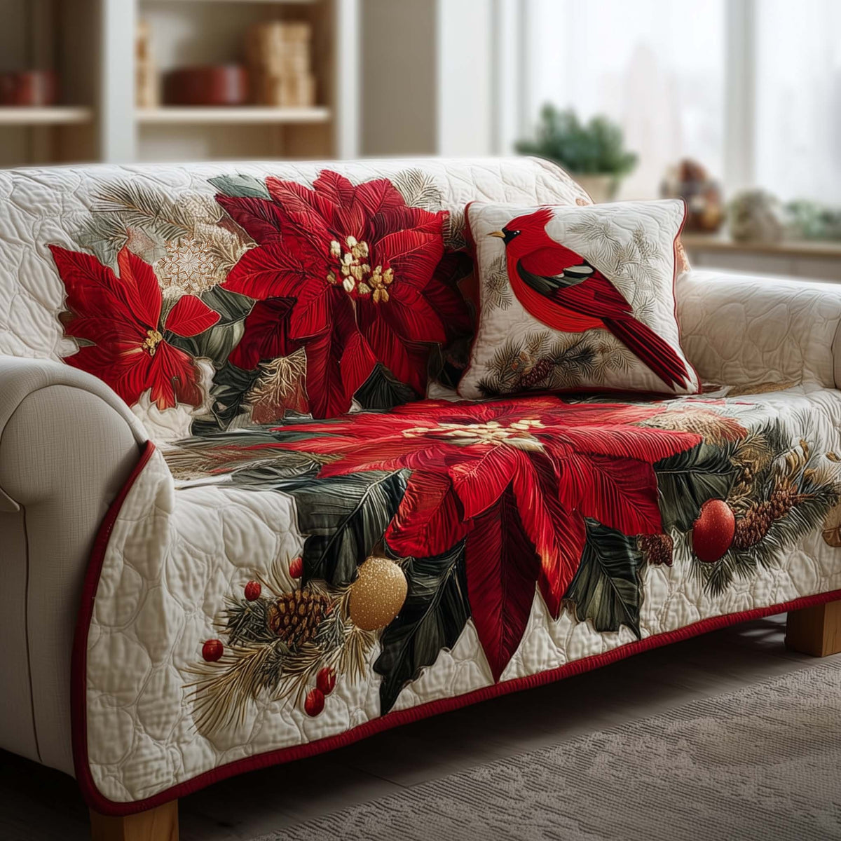 Cardinal Perched on the Poinsettia Bough Sofa Cover